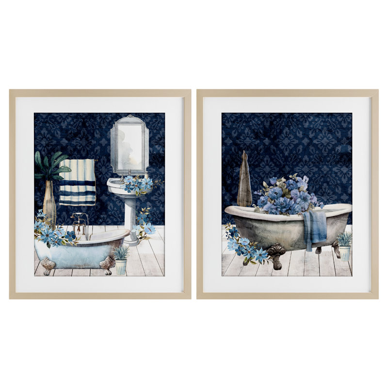 «Blue Bath Floral Interior», ensemble de 2 impressions encadrées sous verre, design par Kim Allen, Cadre de récolte en pin