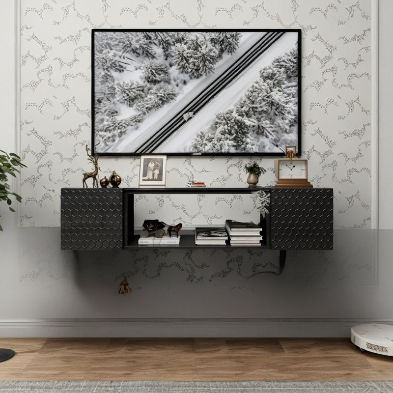 Support mural flottant pour téléviseur de 80 po - Console en bois robuste, capacité de poids élevée et gestion des câbles cachés, style contemporain