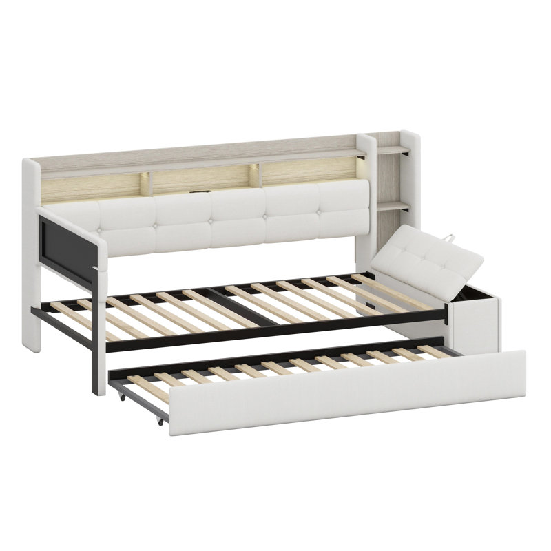 Upholstered Daybed Frame with Storage Footstool, Shelves, Trundle, USB Charging Port & LED Lighting, Beige