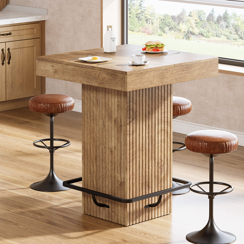 31.5 Inch Square Dining Table Counter Height Kitchen Table with Fluted Pedestal and Metal Footrest, Natural Brown