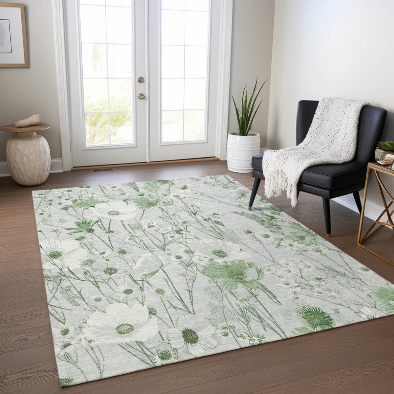 Mint Green Floral Washable Rectangular Rug 2'6" x 3'10"