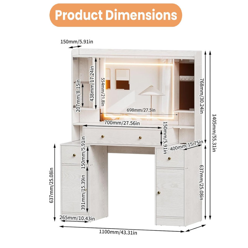 Grand bureau de maquillage avec miroir et lumières, ensemble de coiffeuse avec station de charge, table de maquillage avec 3 modes d'éclairage à DEL et tiroirs