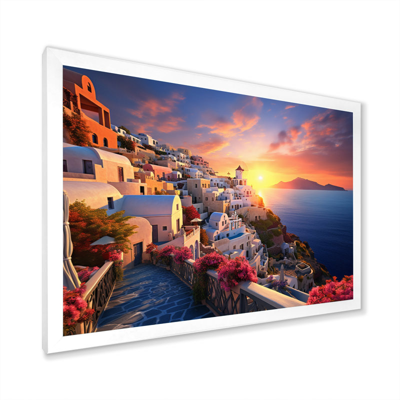 Grèce, art mural sur toile côtière, impression de coucher de soleil Oia Santorini - Grèce Oia Splendor III, Cadre photo blanc