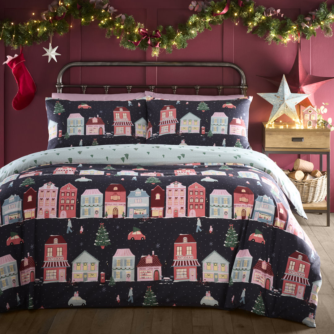 Fusion Christmas Houses Cotton Blend Duvet Cover Set with Pillowcases