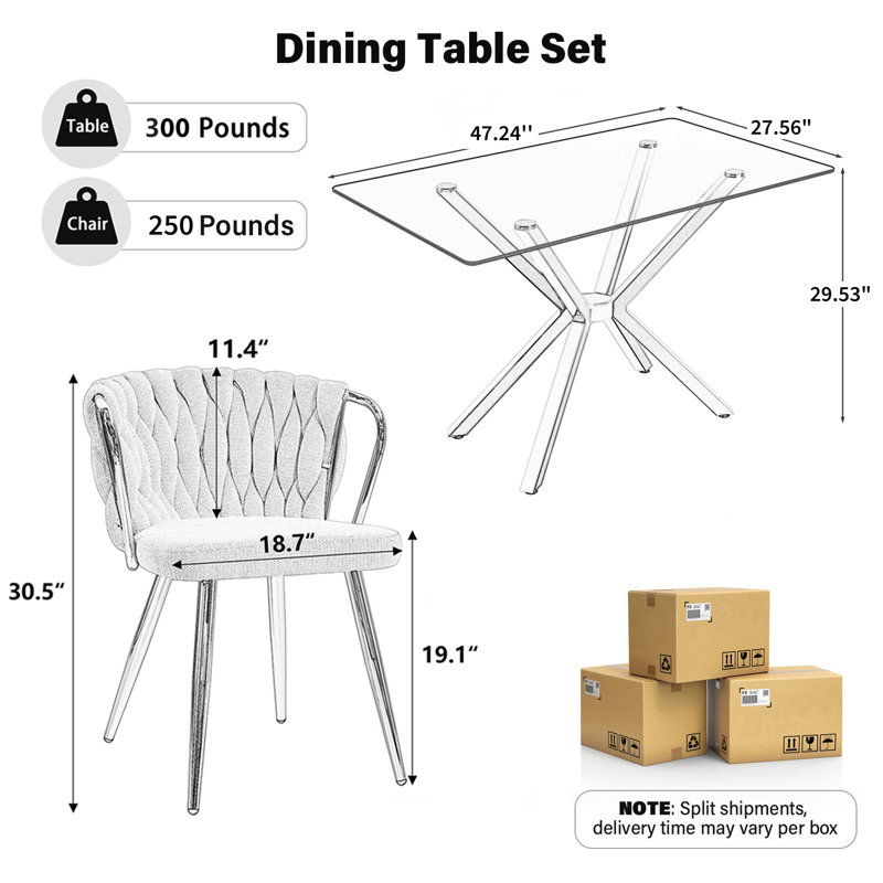 Modern 47.24-Inch Rectangular Glass Dining Table Set With Velvet-Upholstered Armchairs, Space-Saving Dining Furniture Set For Dining Rooms, Kitchens, Breakfast Nooks, Small Spaces, And Apartments