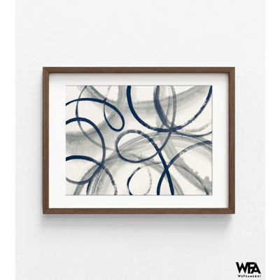 Calligraphia With Navy By Sue Schlabach, Abstract Lines Painting Print, Extra Large Modern Navy Blue Simple Artwork Poster Print 32396