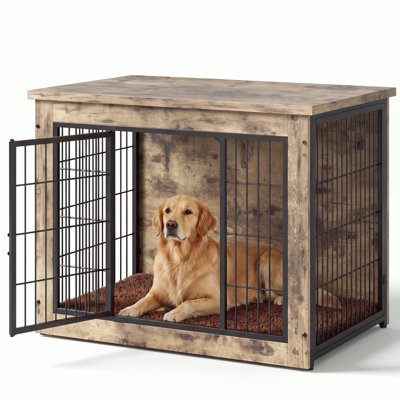 Meuble de caisse en bois pour chien avec portes avant et latérales et coussin épais | Chenil robuste, table de bout latérale, conception anti-mâcher pour petits et grands chiens