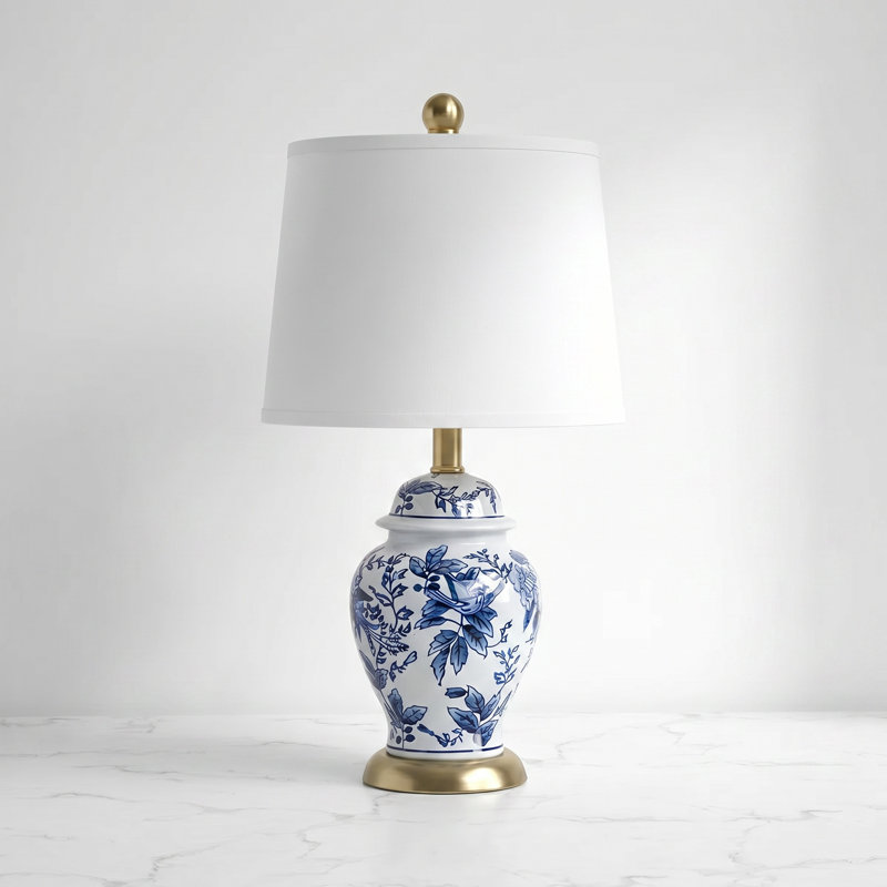 23" Classic Blue White Ceramic Table Lamp, 3-Way Dimmable