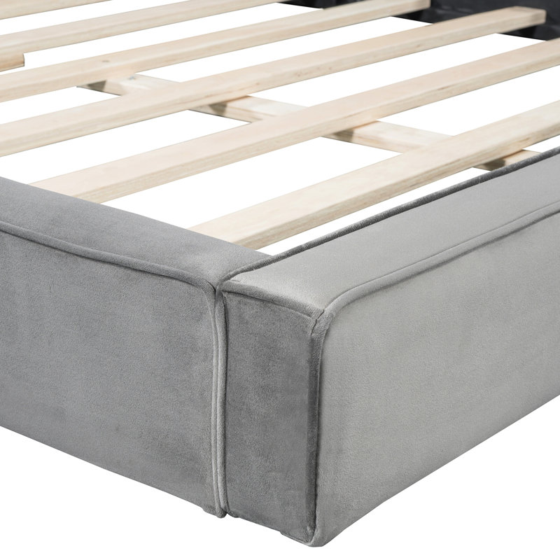 Grand lit plateforme tapissier avec tissu en velours, lit au sol avec structure solide, gris, Gris