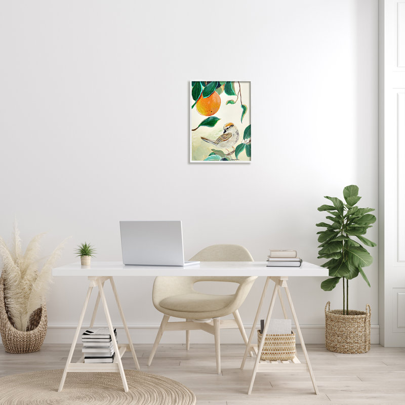 Oiseau perché avec fruit orange, H 20 po x l 16 po x P 1,5 po, Giclée encadrée blanc bord de mer
