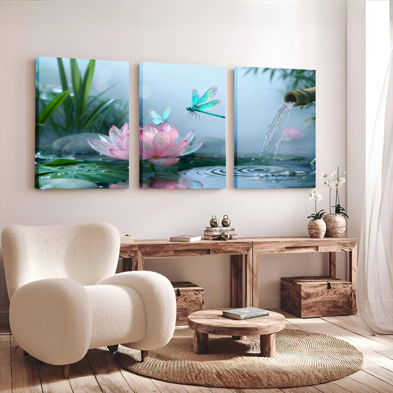 Ensemble de 3 tableaux sur toile tendue représentant une libellule et une fleur de lotus, avec motif de jardin aquatique.