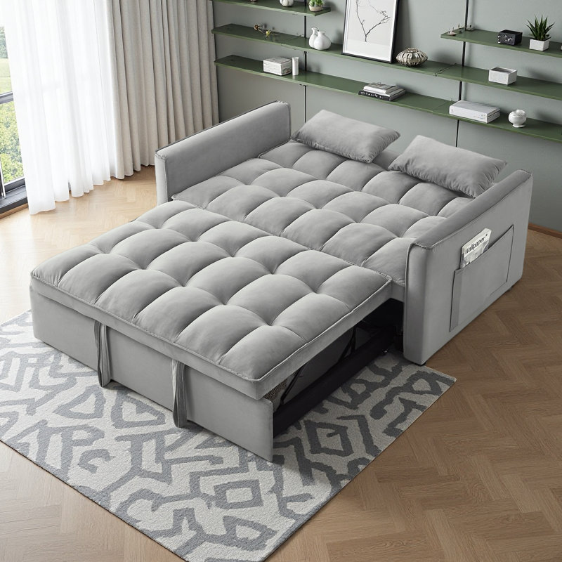 Canapé-lit convertible 3-en-1, canapé-lit futon double en velours avec dossier réglable, sac de rangement et coussin