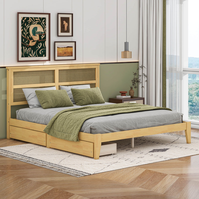 Base de lit en bois avec tête de lit en rotin et 2 tiroirs de rangement, Double, Chêne blanc