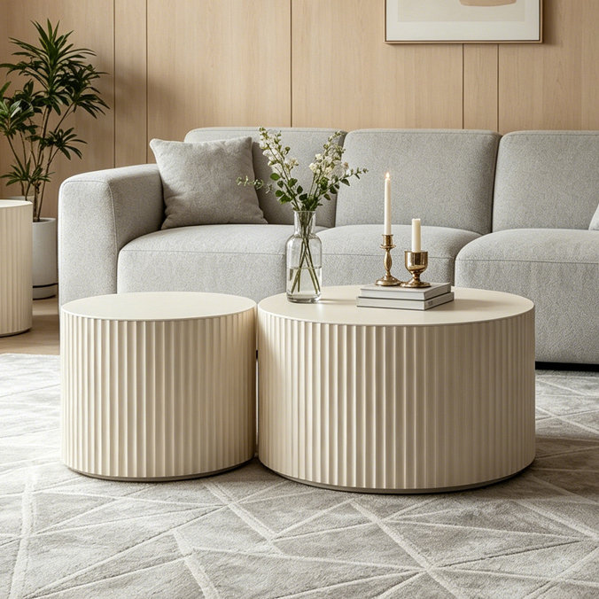 Table basse ronde en bois, Beige + crème, H 15,75 po x l 47,25 po x P 47,25 po