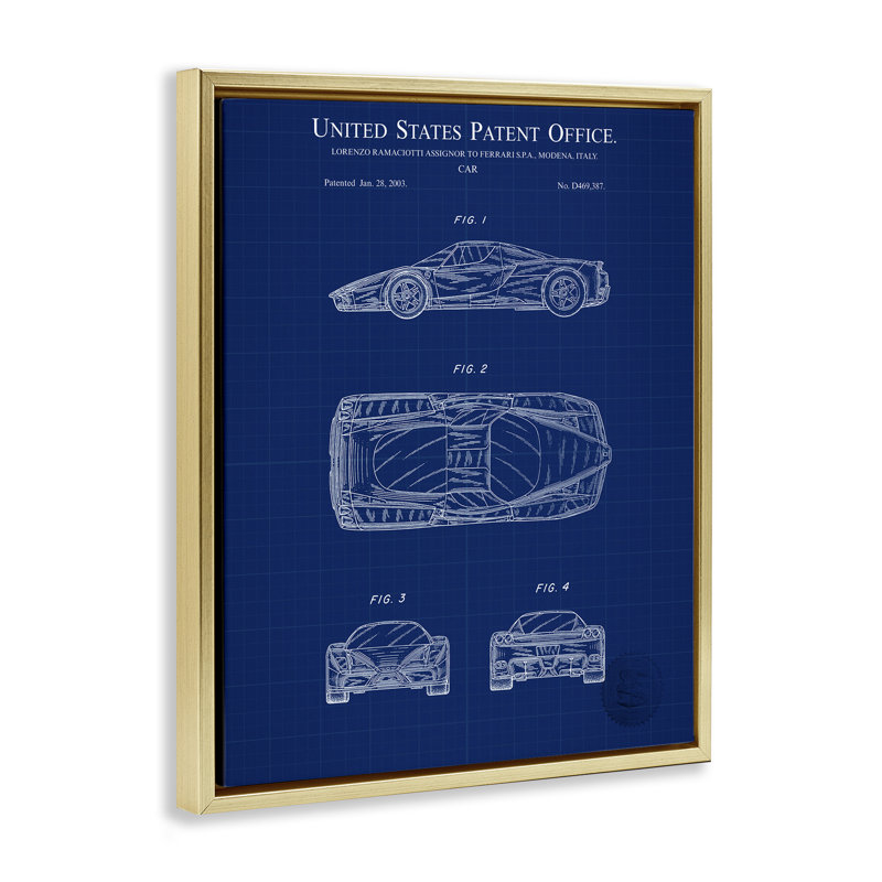 "Blue Car", art détaillé sur toile encadrée dorée par Karl Hronek, Cadre flottant métallique doré, H 21 po x l 17 po