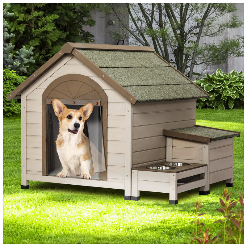 Niche pour chien en bois de sapin résistante aux intempéries avec toit ouvert, rangement et station d'alimentation surélevée pour petits et moyens chiens