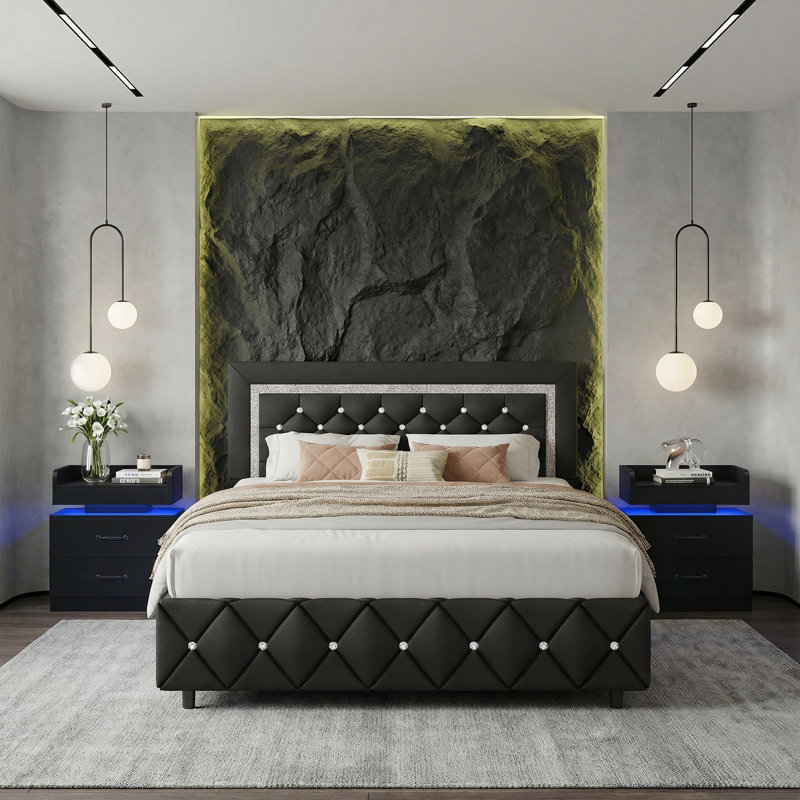 3-Piece Bedroom Sets,With Faux Leather Diamond Tufted Platform Bed  And LED Nightstand, Queen, Black