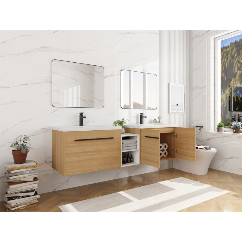 Meuble-lavabo mural 72 po avec lavabo de comptoir en résine, 1 tablette de rangement, 4 portes à fermeture douce
