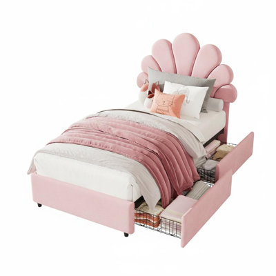 Cadre de lit simple tapissier pour enfants de style princesse, tête de lit en velours doux avec 2 tiroirs de rangement sous le lit, lattes en bois massif, aucun sommier requis, assemblage facile - blanc