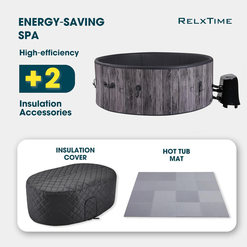 RELXTIME Inflatable Hot Tub 5 To 7 Person Round Hottub,Portable Outdoor Air Jet Spa 71'' X 71'' with Energy-saving Insulation Cover, 130 Bubble Massage Nozzles, 2 Filter Cartridges, 1 Floor Mats