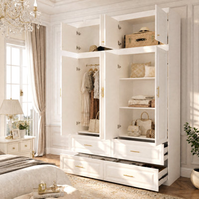 Armoire-penderie 8 portes de 160 cm de large avec armoires du haut, 4 tiroirs, étagères et tringle.