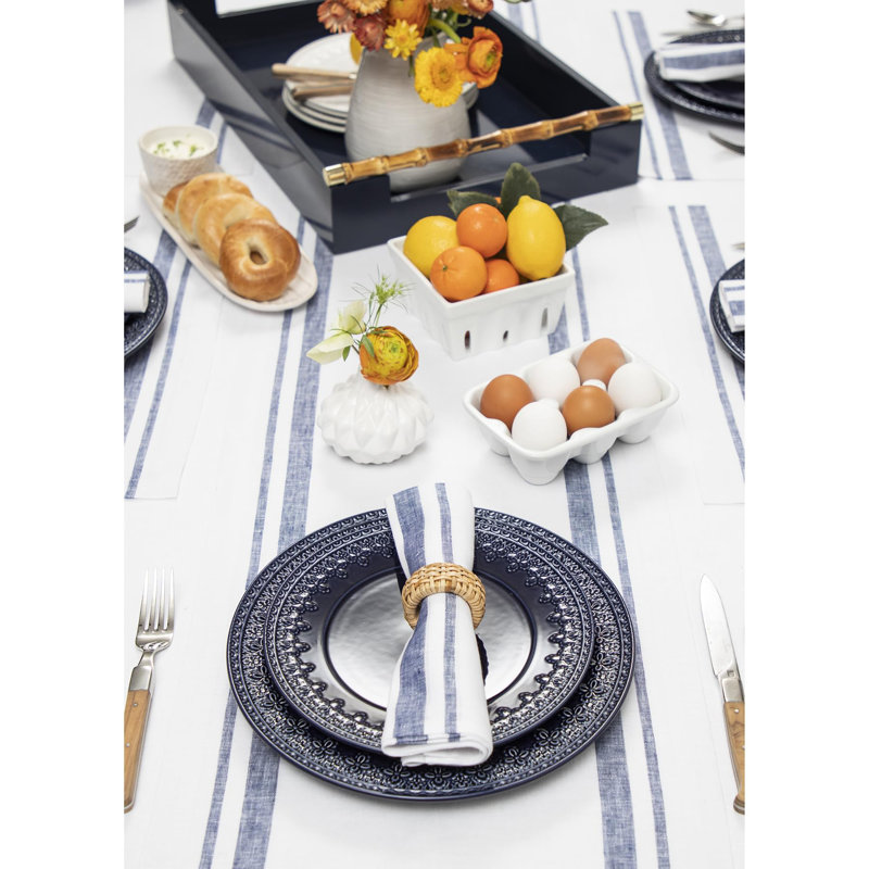 French Stripe - 100% Pure Linen Table Runner, Navy/White, 156" x 14"