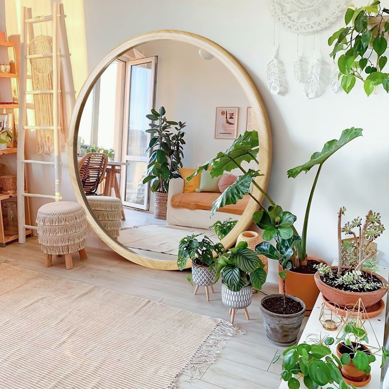 Round Wood Mirror,32 inch Circle Wooden Natural Large Farmhouse Vanity Boho Decor Wall Mirror for Bathroom Bedroom Living Room Hallway