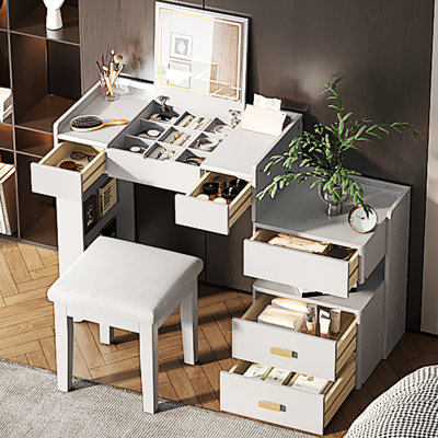 Multi-Functional Dressing Table With Flip-Top Mirror, Adjustable Lighting, And Divided Storage Space - A Stylish Addition White Desk Hidden 3 Lighting Modes, Retractable Side Shelf Versatile For