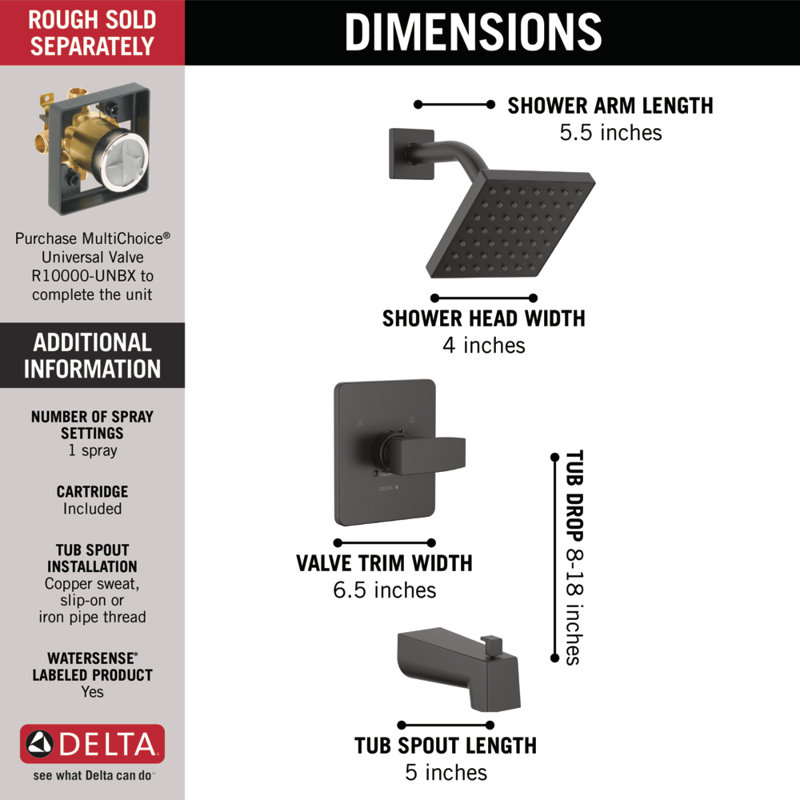 Modern 14 Series Square Bathtub and Shower Faucet Set, Matte Black Shower Head and Handle Set, Valve Trim Kit, Matte Black (Valve Not Included)