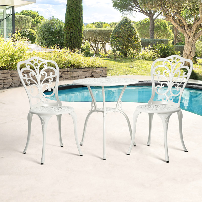 White 3 Cast Aluminum Patio Bistro , Rust-, With Alluring Floral Detail, Fits Various Locations, Easy To Assemble For Patio, Balcony, Porch, Garden, Backyard Outdoor Decorative Floral, Put Together