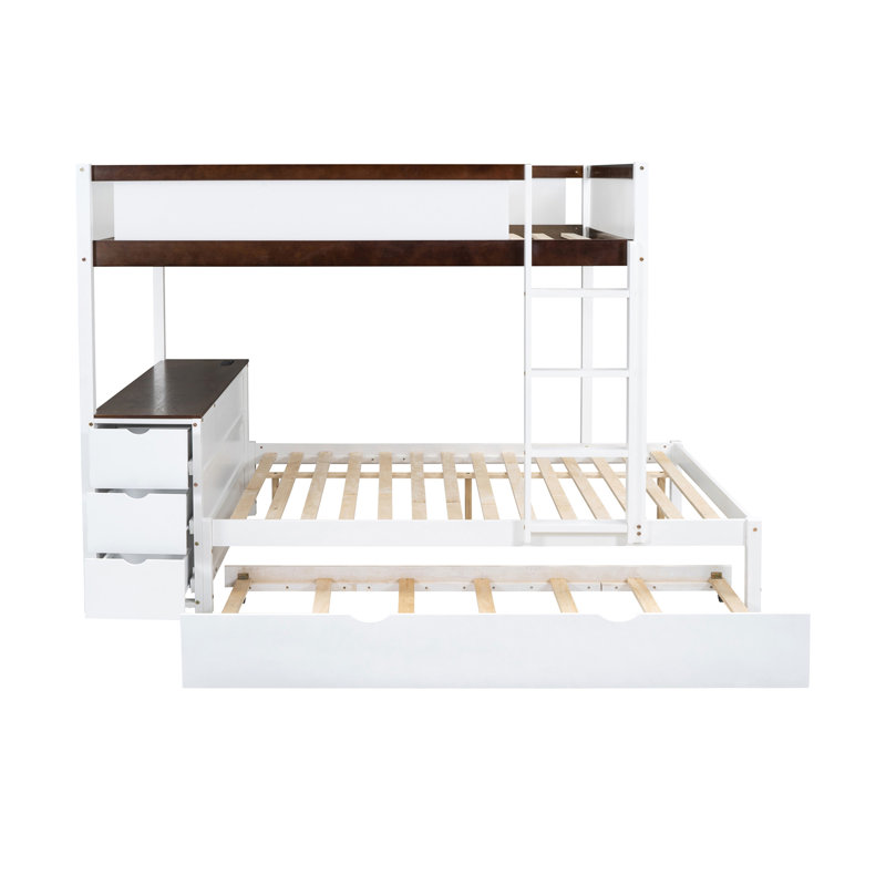 Lit superposé double avec lit gigogne simple, rangement et bureau, blanc et noyer, Lit double