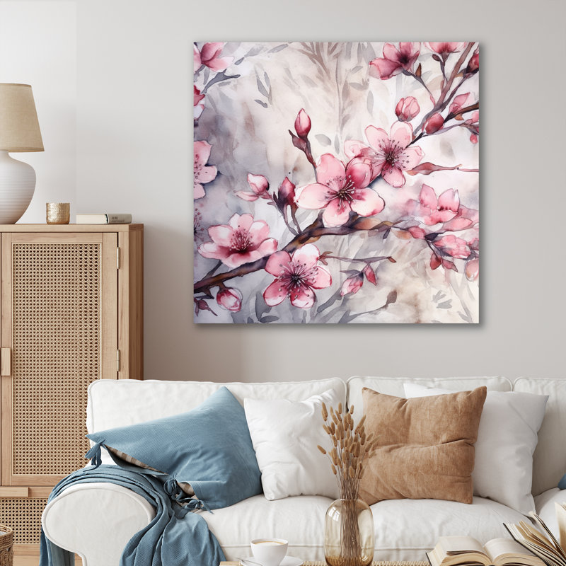 Fleur de cerisier rose I - décoration murale en métal, H 23 po x l 23 po x P 1 po