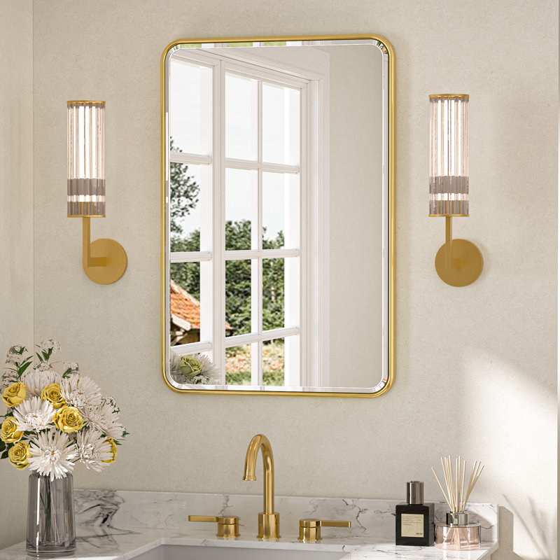 Beveled Bathroom Vanity Mirror with Aluminum Frame, Wall Accent Mirror, Tempered Glass, 30" x 20", Brushed Gold