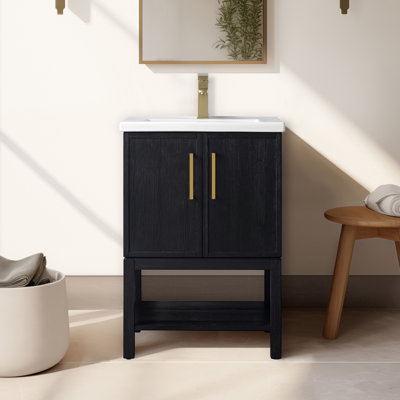 Meuble-lavabo autoportant 24 po Bistagno en noir rustique avec plateau en céramique blanche Bistagno