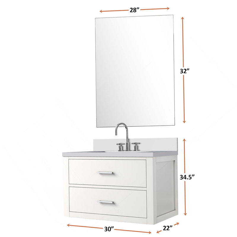 Meuble-lavabo simple 30 po X P 22 po P, comptoir en quartz et Miroir, Argent argent, Blanc