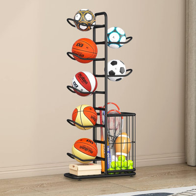 Support de rangement pour 7 articles de sport avec porte-balles et support de basketball, organisateur pour équipement sportif