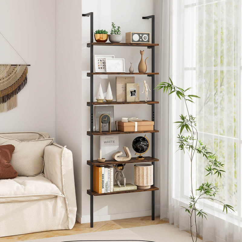 6-tier Ladder Shelf 72 Inches Industrial Wall Mounted Bookshelf, Brown