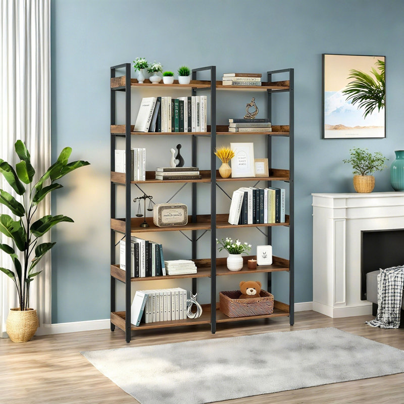 6-Tier Industrial Bookshelf, 67" Wooden Bookshelf With Open Shelves, Freestanding Metal Frame Bookcase For Storage And Display, Modern Book Shelves For Bedroom, Living Room And Home Office, Brown