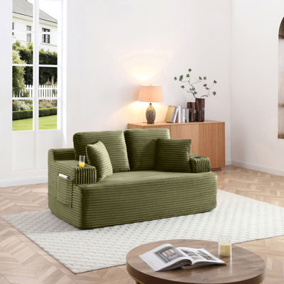 Canapé de 66,5 po sans canapé avec 2 coussins supplémentaires, velours côtelé 2 places avec porte-gobelet et pochettes latérales, installation facile (vert, 2 places)