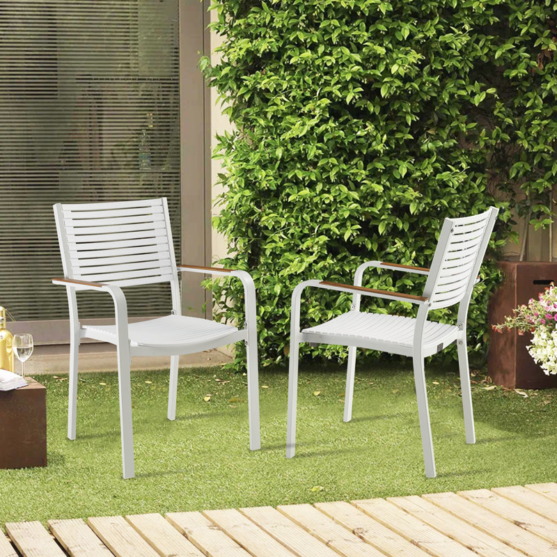 Chaises de salle à manger d'extérieur empilables en aluminium / plastique avec accoudoirs en teck, Noir