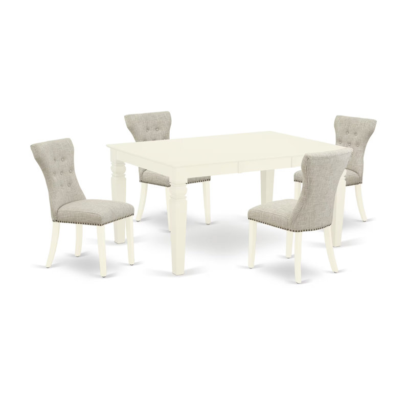 5 Piece Dining Set Includes a Rectangle Dining Room Table with Butterfly Leaf and 4 Doeskin Linen Fabric Upholstered Parson Chairs, Linen White