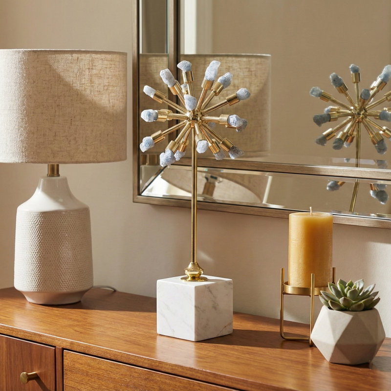 Decorative Starburst Statue Object with Marble Base for Office Decor - Modern Sculpture Accent for Living Room or Home Decoration - Blue & White