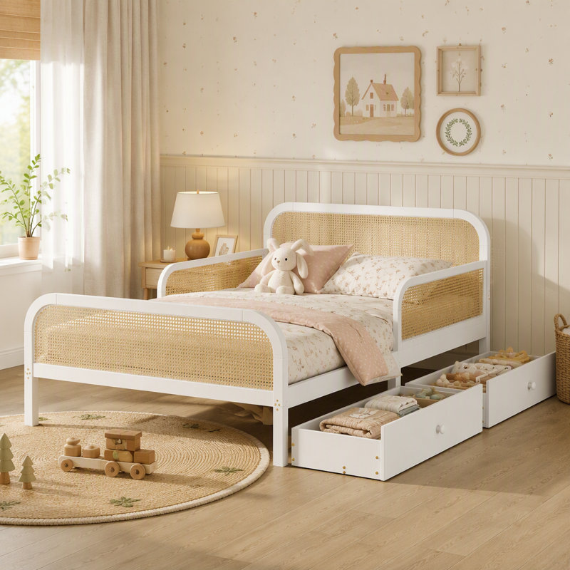Base de lit plateforme avec 2 tiroirs de rangement, tête de lit et pied de lit, Double, Blanc