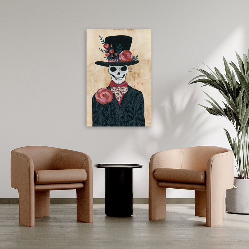 «Skeletal Lover I» - art floral crème avec nœud papillon noir, H 36 po x l 24 po