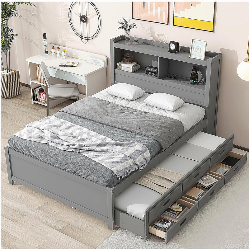 Lit plateforme double avec lit gigogne, tiroirs et prises USB, gris