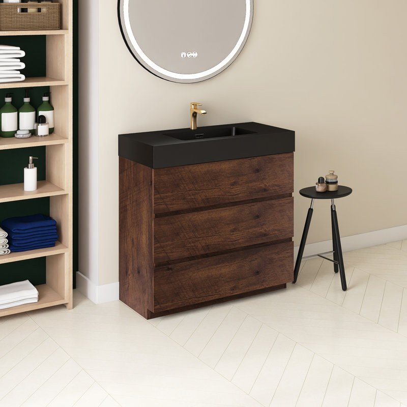 Ensemble de meuble-lavabo simple 36 po avec plateau Romaysa, Noyer, Noir