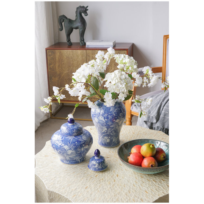 Pot en porcelaine bleue et blanche avec motif floral et grenade, 9,1 x 9,1 x 9,1 pouces
