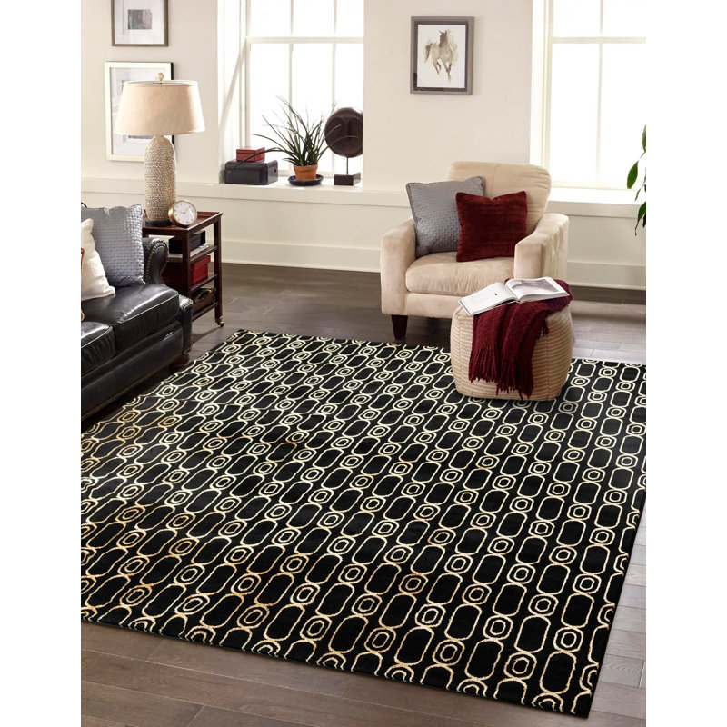 Contemporary Vincente Area Rug Black and Gold Color, Square 7'10"