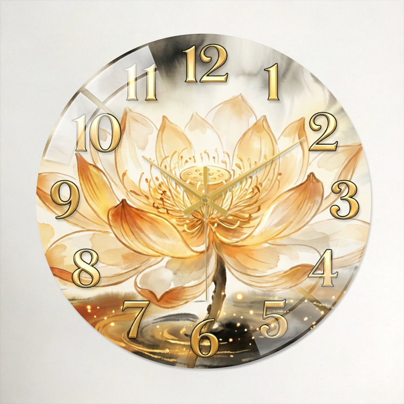Horloge murale décorative moderne en verre Golden Lotus, 40 x 40 cm (15,7 x 15,7 pouces)