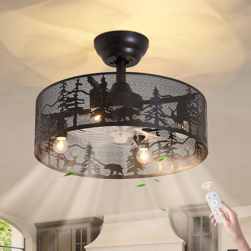 17.7" Black Forest Animal Silhouette Cage Ceiling Fan with Light, Reversible DC Motor & Remote, Black